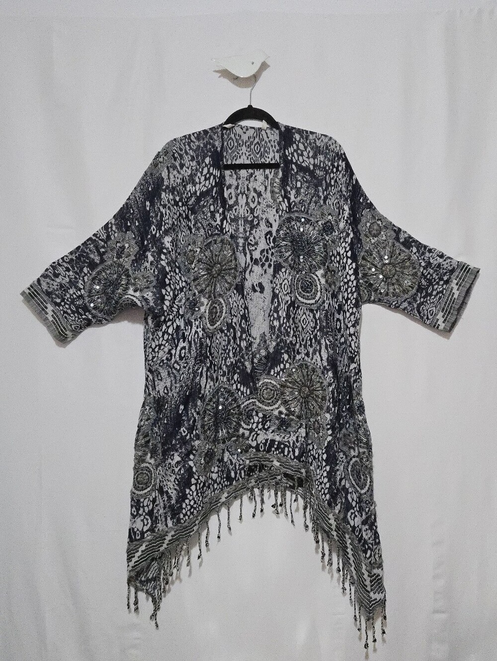 Soft Surroundings Emory Cardigan Topper - Kimono - Fringe - Sequins - Size XL